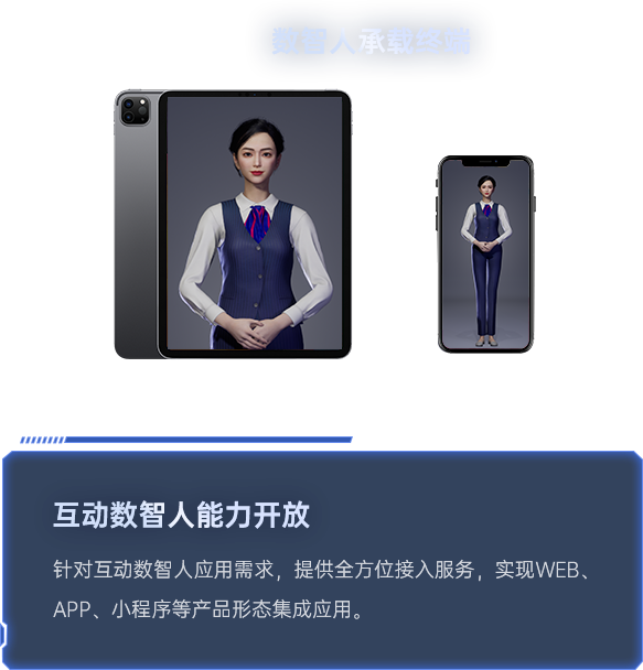 数智人承载终端 Windows APP 互动数智人能力开放 针对互动数智人应用需求，提供全方位接入服务，实现Web、 APP、小程序等产品形态集成应用。